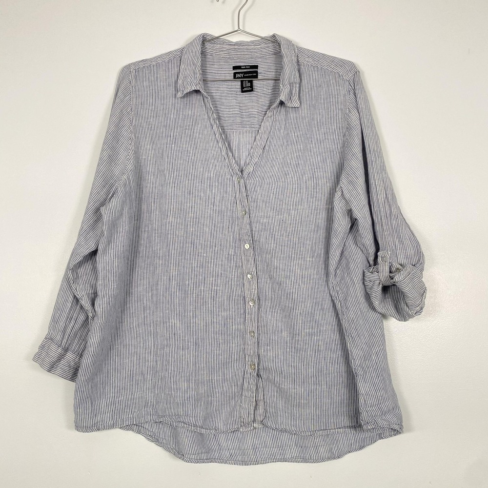 Jones New York Shirt Womens 2X Blue Stripe Button Front Long Sleeve Linen Tunic